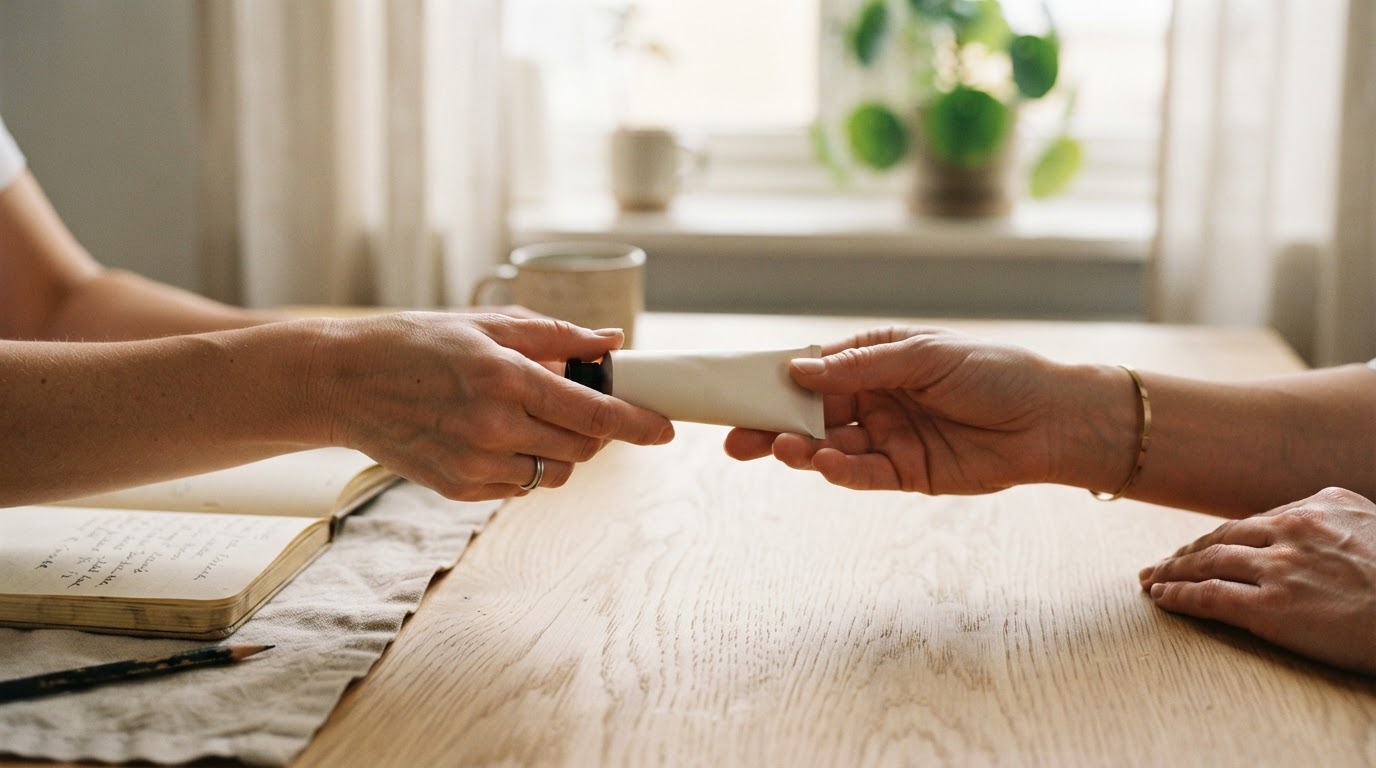 One person passing a tube of cream to another across a wooden table
