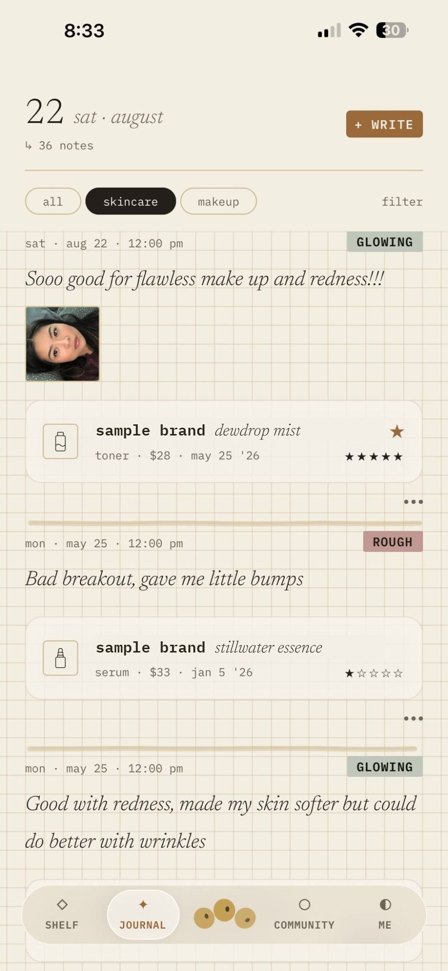 The soybean Journal on an iPhone: skin notes with a photo, mood labels and the products used