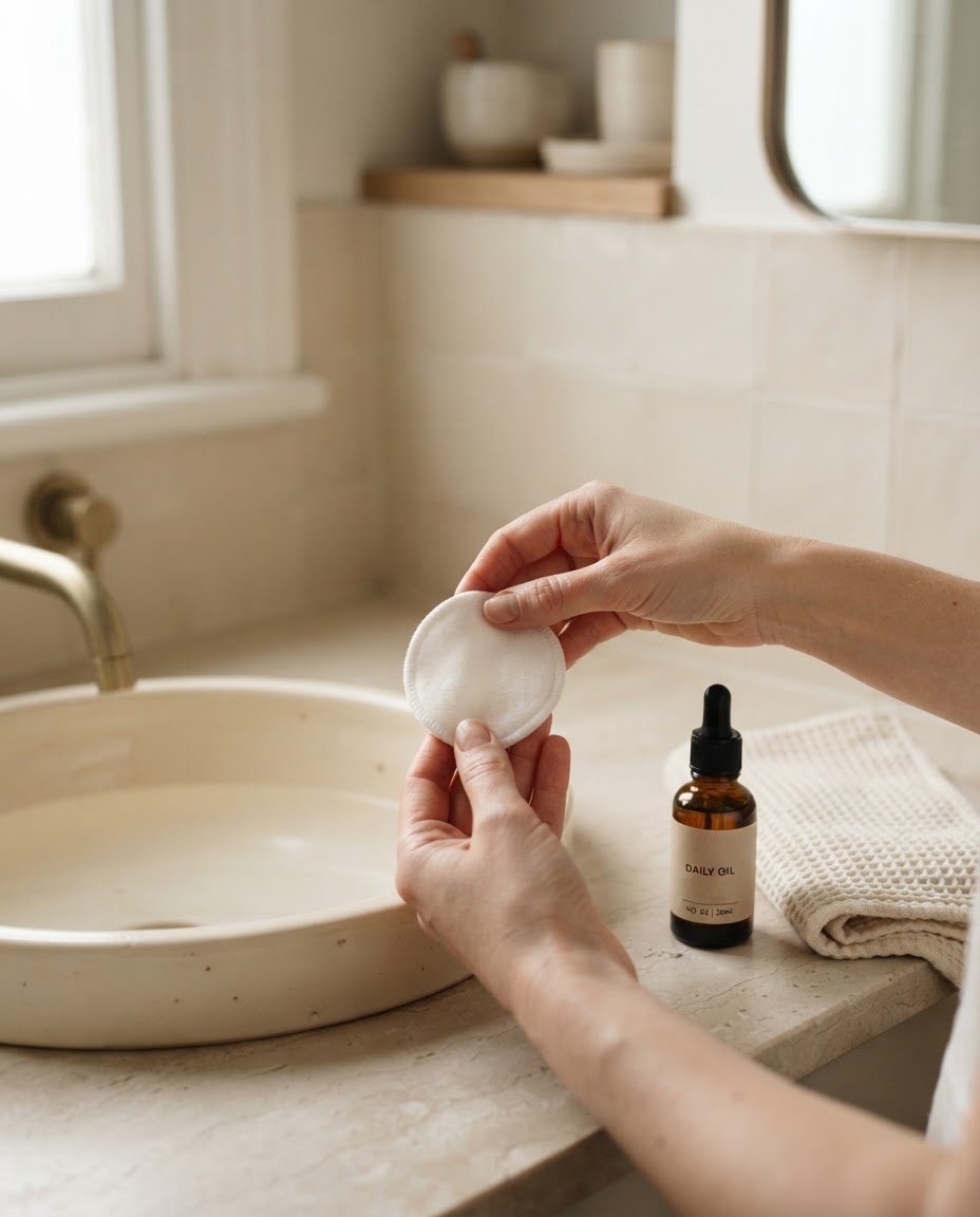Hands holding a cotton pad over a sink, a serum bottle beside them