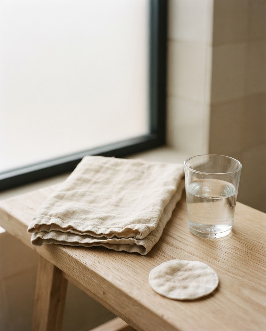 A folded linen towel, a glass of water and a cotton pad on a wooden bench by a window