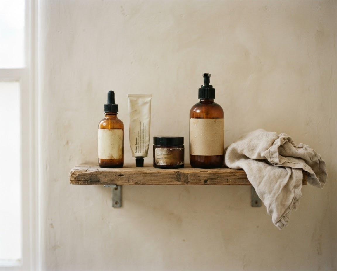 Amber bottles and a jar on a wooden bathroom shelf