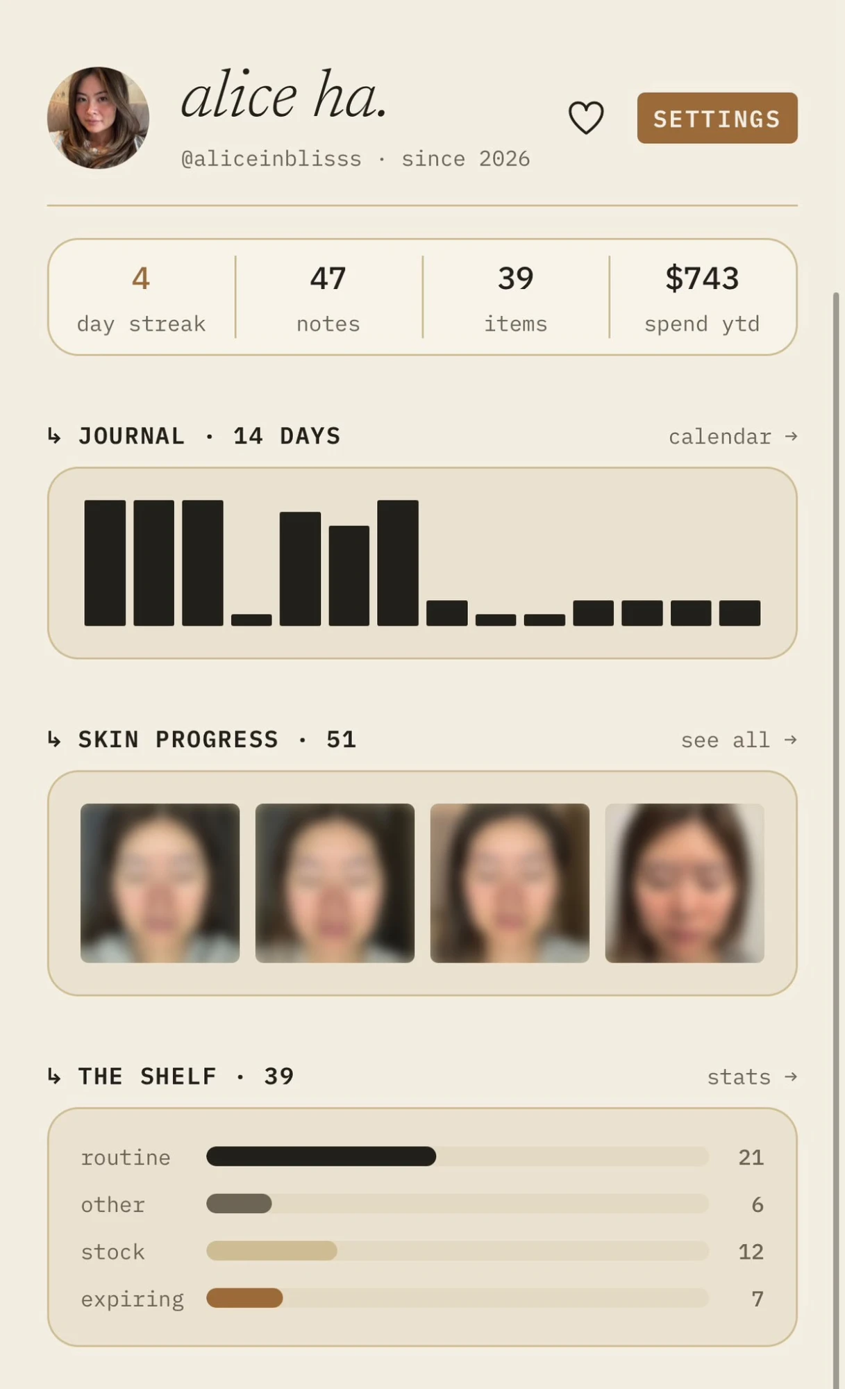 The Me page: streak, notes, items, spending, journal days, skin progress photos and the shelf